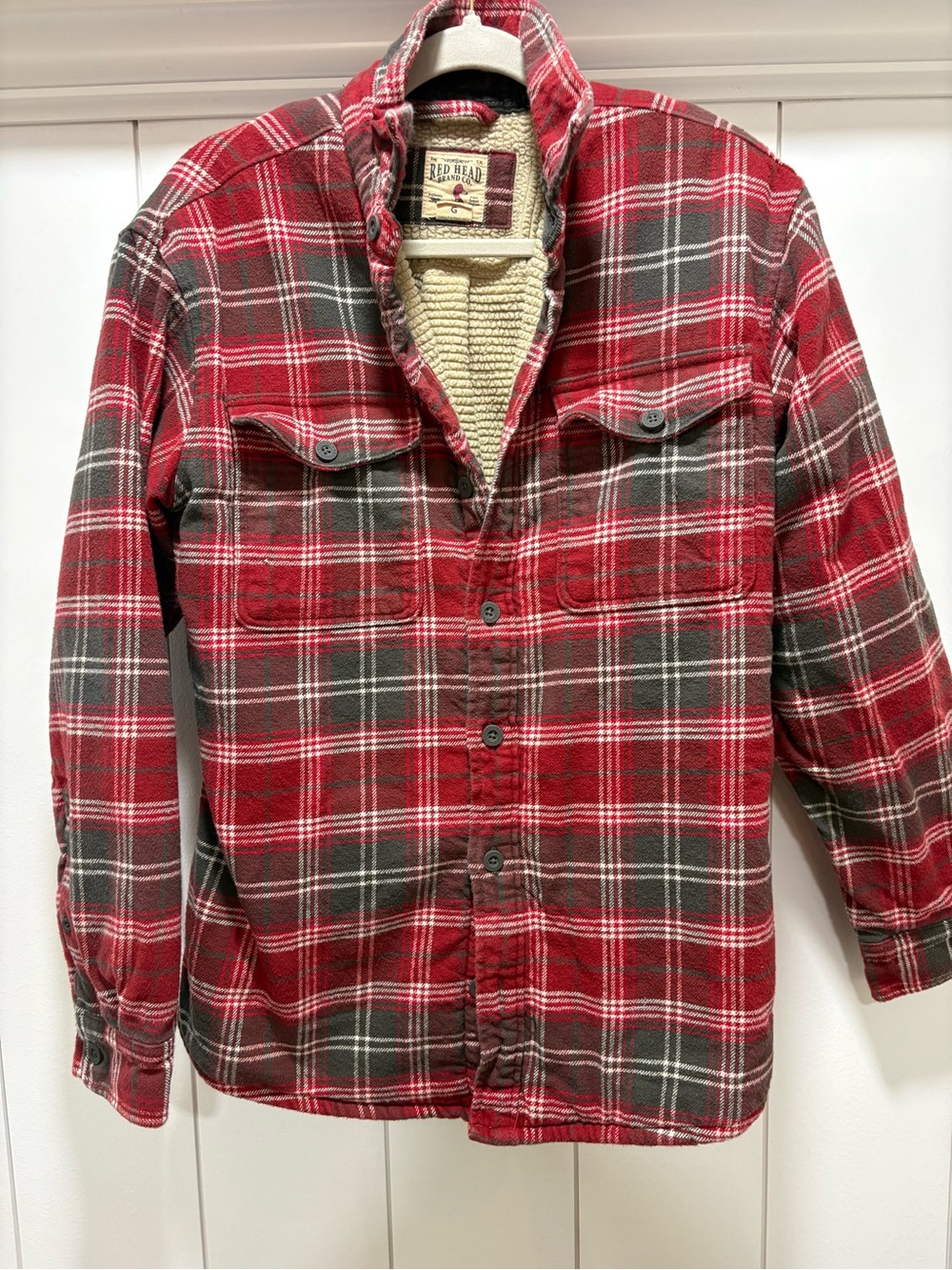 RedHead Sherpa Lined Flannel Shirt Jacket Mens Large Red Buffalo Check Plaid